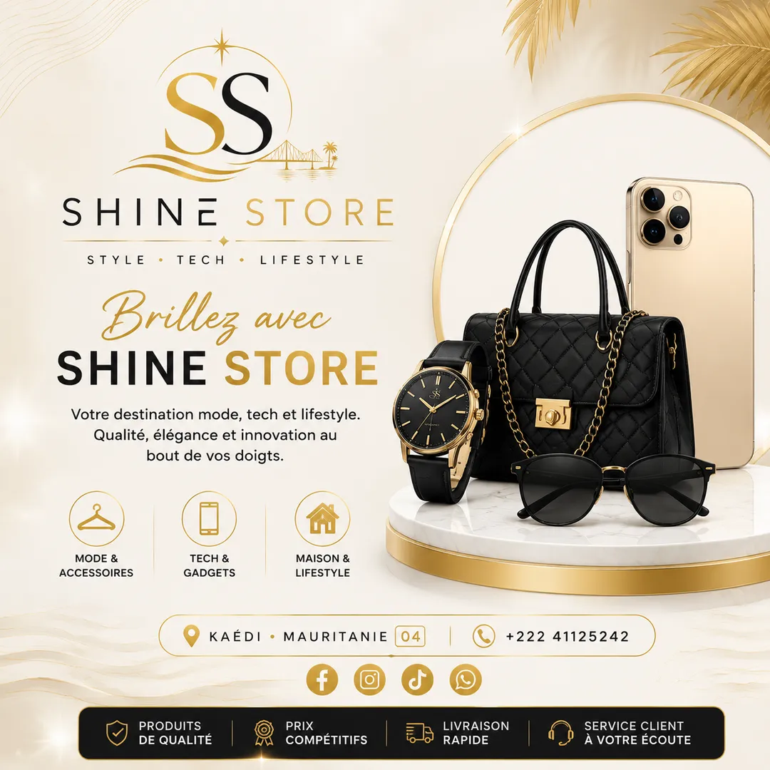 Visuel crème et or SHINE STORE avec sac, montre et téléphone