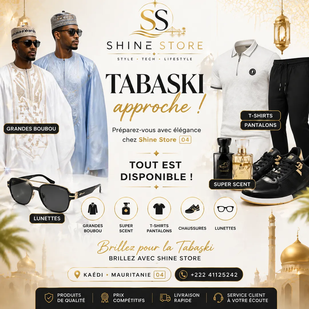 Affiche Tabaski SHINE STORE avec grands boubous et accessoires