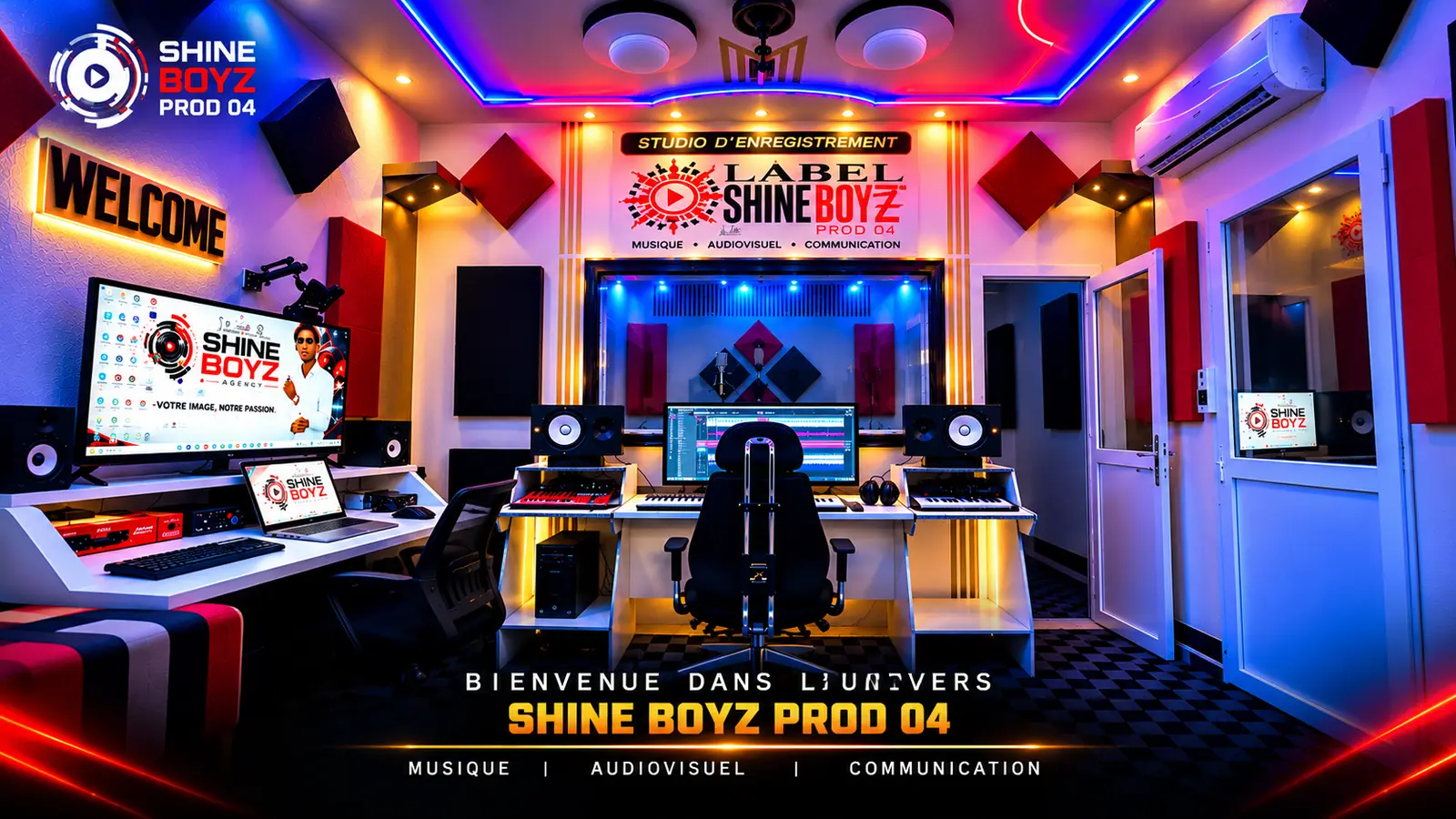 Entrée du studio avec l'enseigne « Welcome » et le logo SHINE BOYZ PROD 04