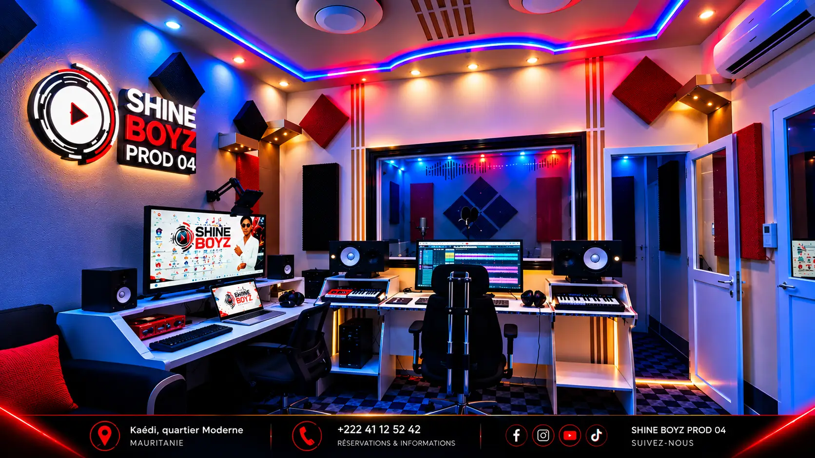 Régie du studio éclairée en rouge et bleu