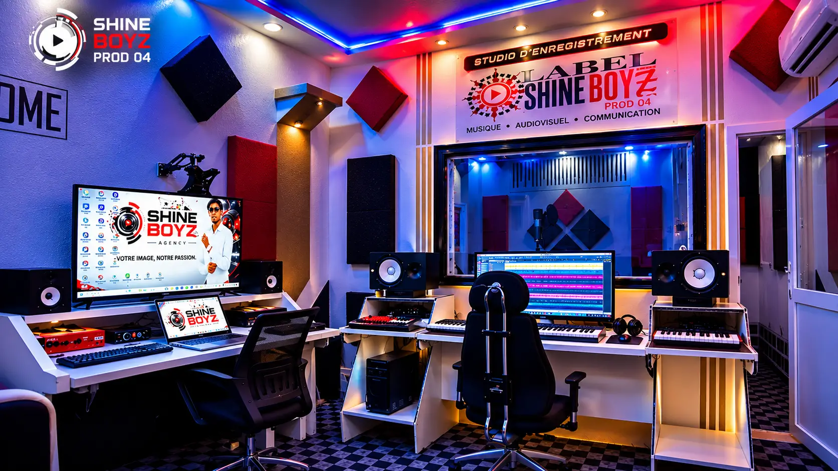 Régie du studio SHINE BOYZ PROD 04 : écrans, clavier et enceintes sous néons bleus et rouges
