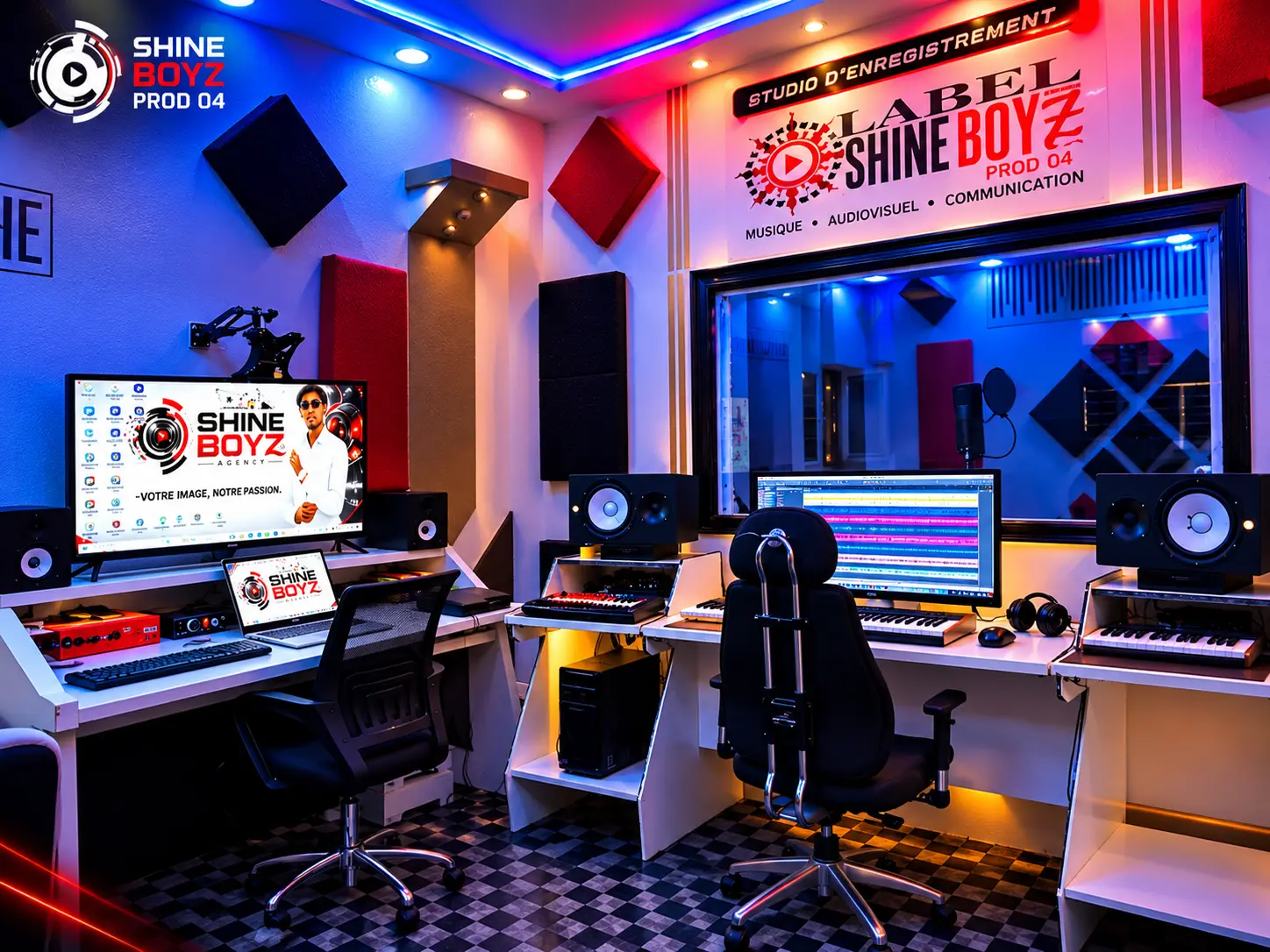 Studio SHINE BOYZ sous néons, logo du label au mur