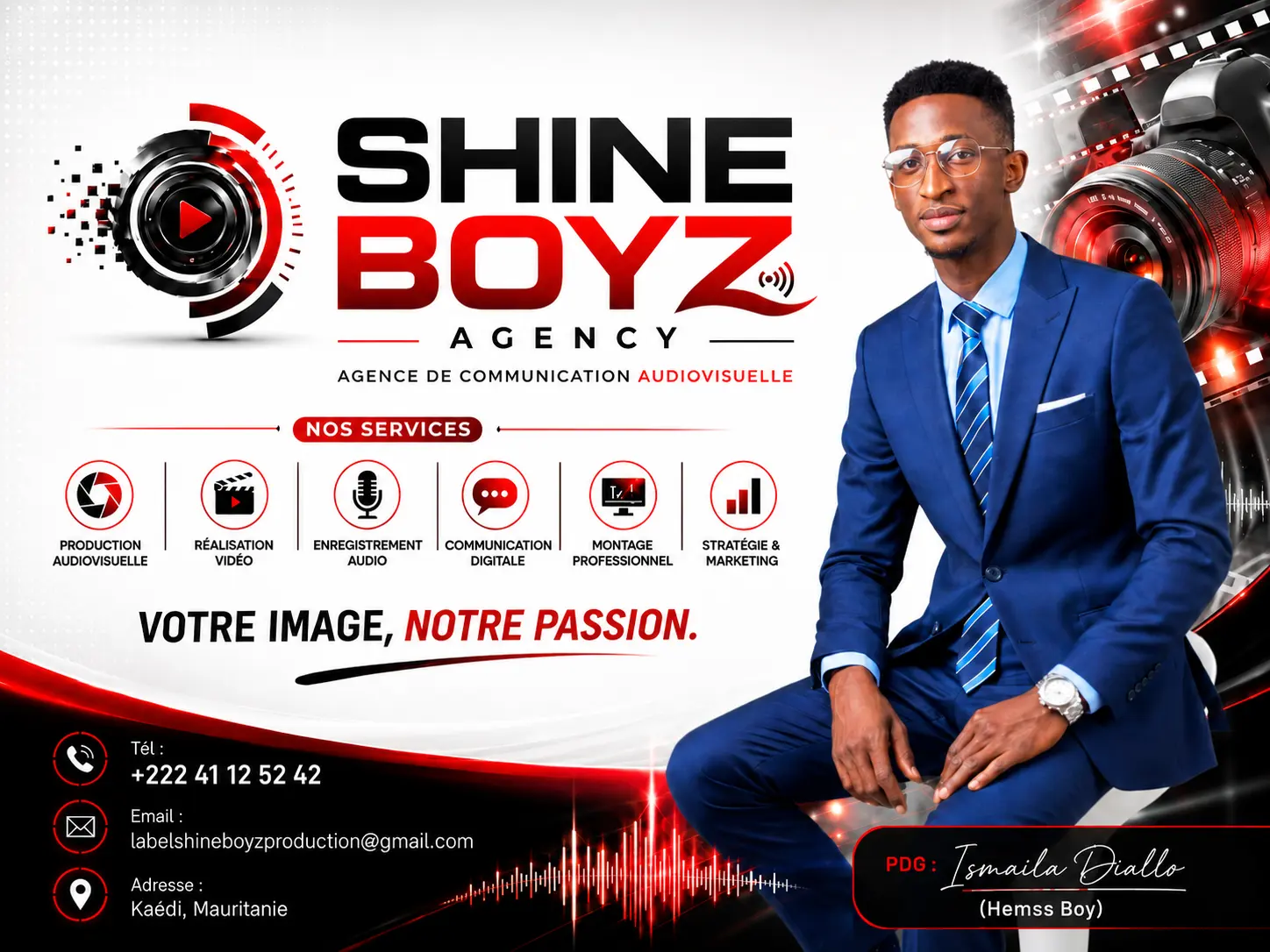 Visuel de présentation SHINE BOYZ AGENCY créé par l'agence : services, contacts et slogan